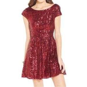 B Darlin Red Sequin Cap Sleeve Dress